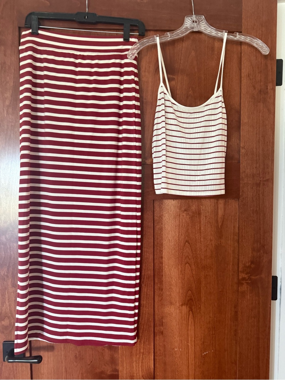 aerie Striped Maxi Skirt in Burgundy & White